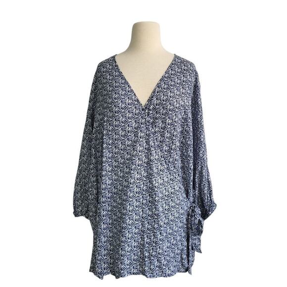 Talbots Side Tie Faux Wrap Top 3X Blue Scroll V-neck 3/4 Sleeve Slimming NEW - Picture 5 of 13